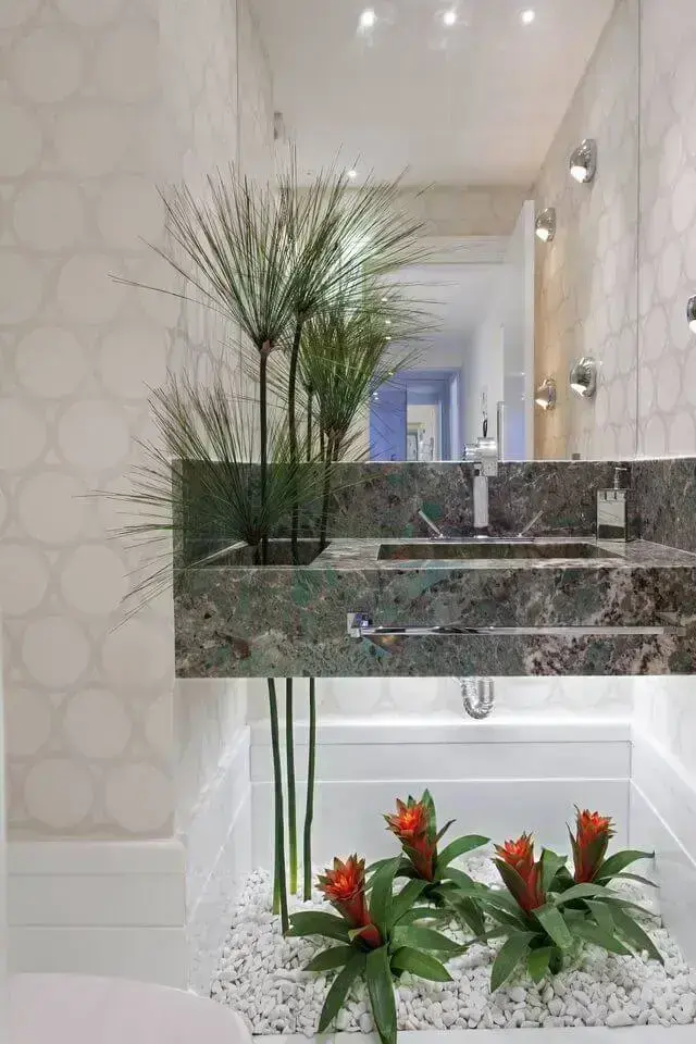 Plantas para apartamento - lavabo com mármore e plantas 