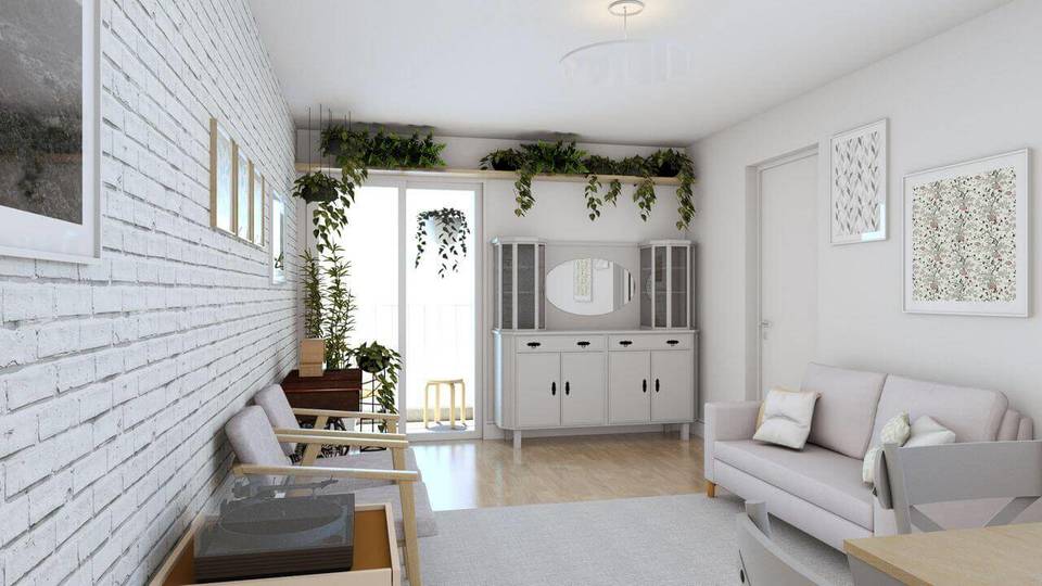 Plantas para apartamento - sala clara com tijolinhos brancos 
