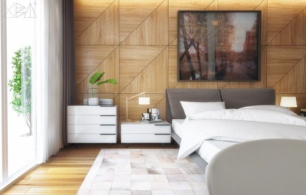 Quarto de casal com pisos que imitam madeira Projeto de Uba Arquitetura
