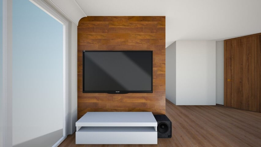 Sala de TV com pisos que imitam madeira