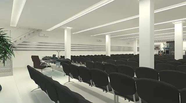 Sala de conferência com teto de gesso com iluminação interna Projeto de Leandro Nobre