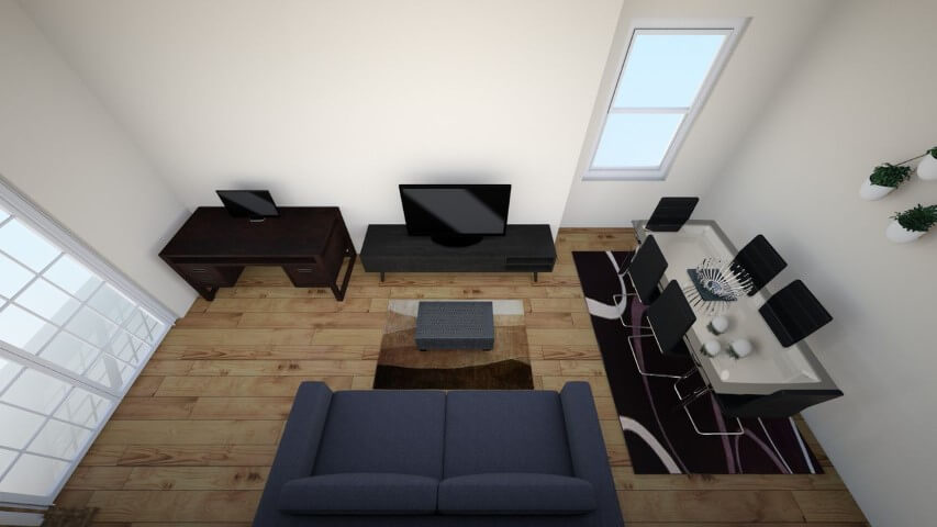 Sala integrada com pisos que imitam madeira