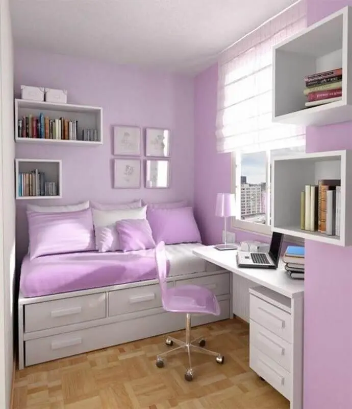 decoração de quarto feminino em tons de lilás