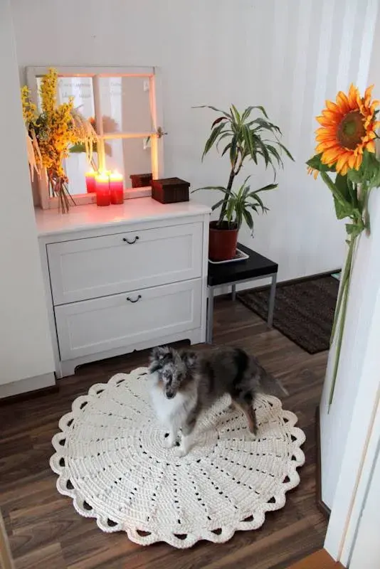tapete de barbante croche no quarto ambiente decorado circular branca nórdico escandinavo