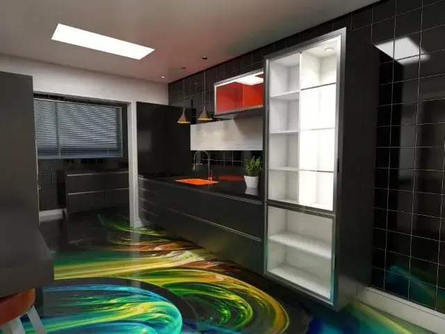 Cozinha colorida com chão de porcelanato líquido Projeto de Ednilson Hin