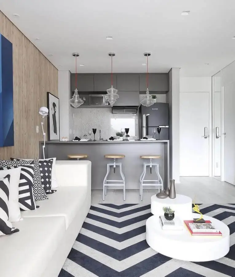 decoração moderna com tapete para sala integrada com cozinha Foto Pinterest