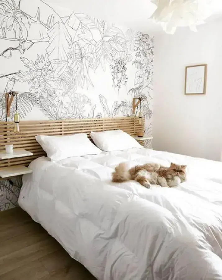 papel de parede para decoração de quarto de casal pequeno com cabeceira de madeira Foto Bedroom Ideas