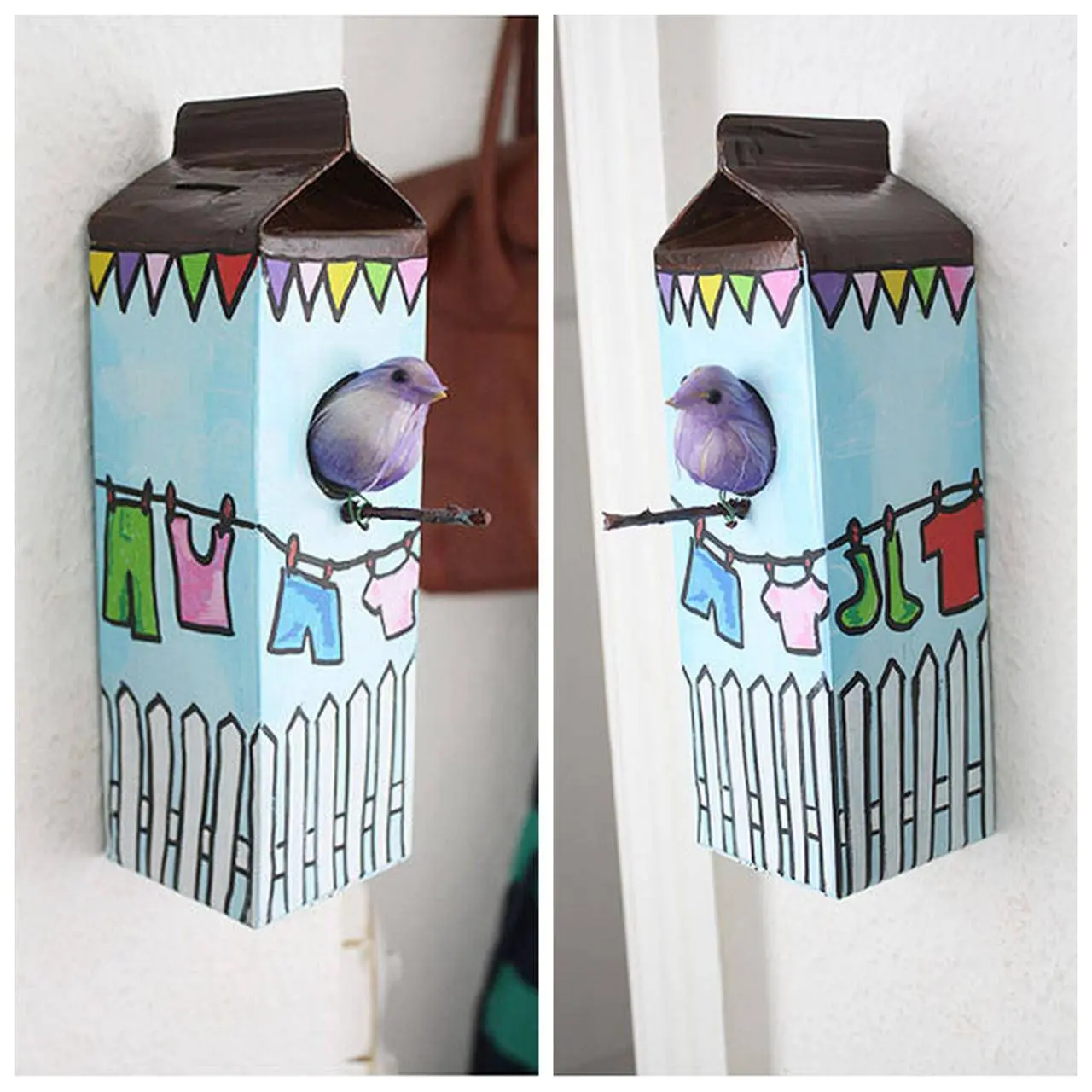 Cofrinho que imita casinha de passarinho feito com artesanato de caixa de leite reciclada