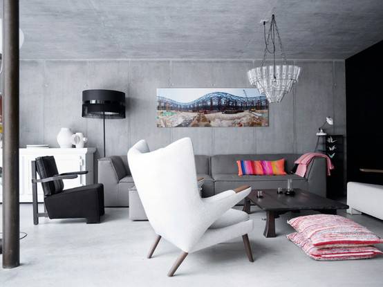 concrete_living Sala de estar com piso de cimento queimado