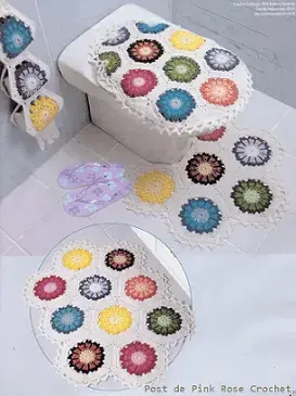Jogo de banheiro de crochê com flores coloridas