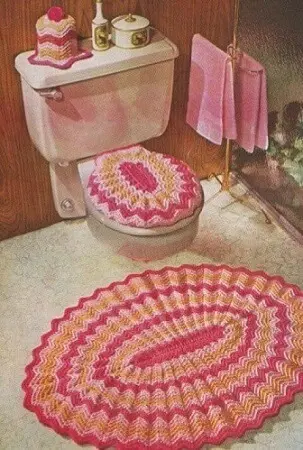 Jogo de banheiro de crochê rosa e laranja
