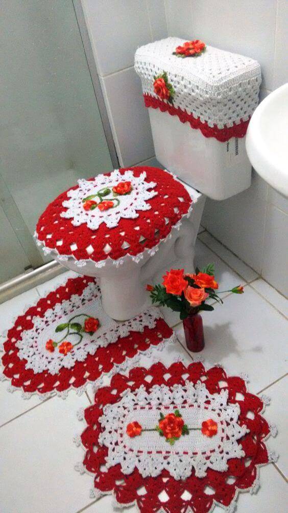 jogo de banheiro de croche borda vermelha