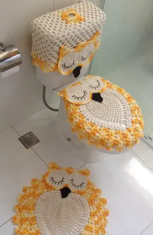 jogo de banheiro de crochê de coruja amarela