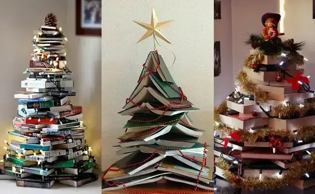Exemplos de árvore de natal feita de livros Foto de Outro Astral