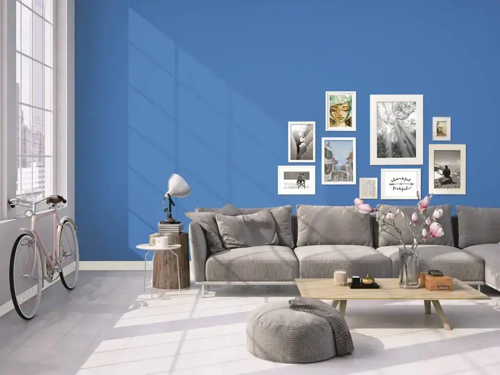 Sala azul vibrante com sofá cinza e composição de quadros