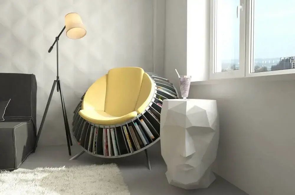 decoração moderna para cantinho da leitura com poltrona com espaço para livros Foto Cool Chair Decoration Ideas