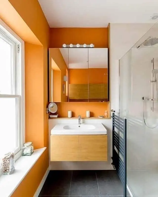 cores quentes para decoração de banheiro pequeno  Foto Juliana Rodrigues Interiores