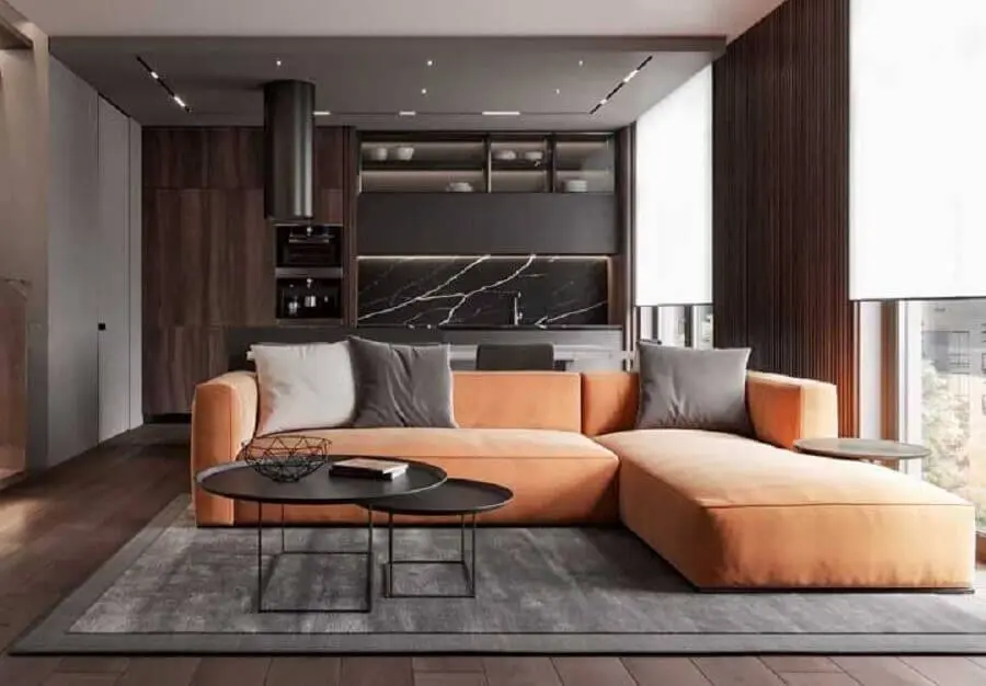 sofá em cores quentes para decoração de casa moderna cinza  Foto Futurist Architecture