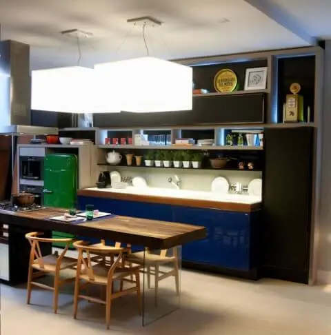 Armário de cozinha planejado com portas azuis Projeto de Juliana Pippi
