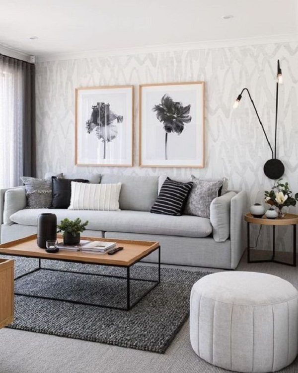 Sala de estar com decoração escandinava em tons neutros