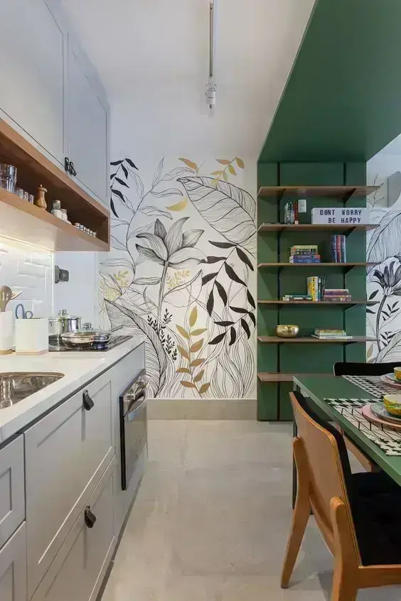 Cerâmica para cozinha moderna com papel de parede floral