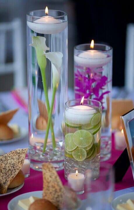 enfeites de mesa vidro flores e velas
