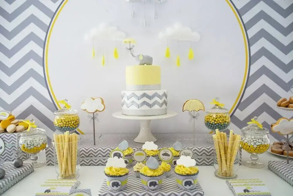 Baby tea with neutral yellow and grey decoration Photo Baby Shower Ideas