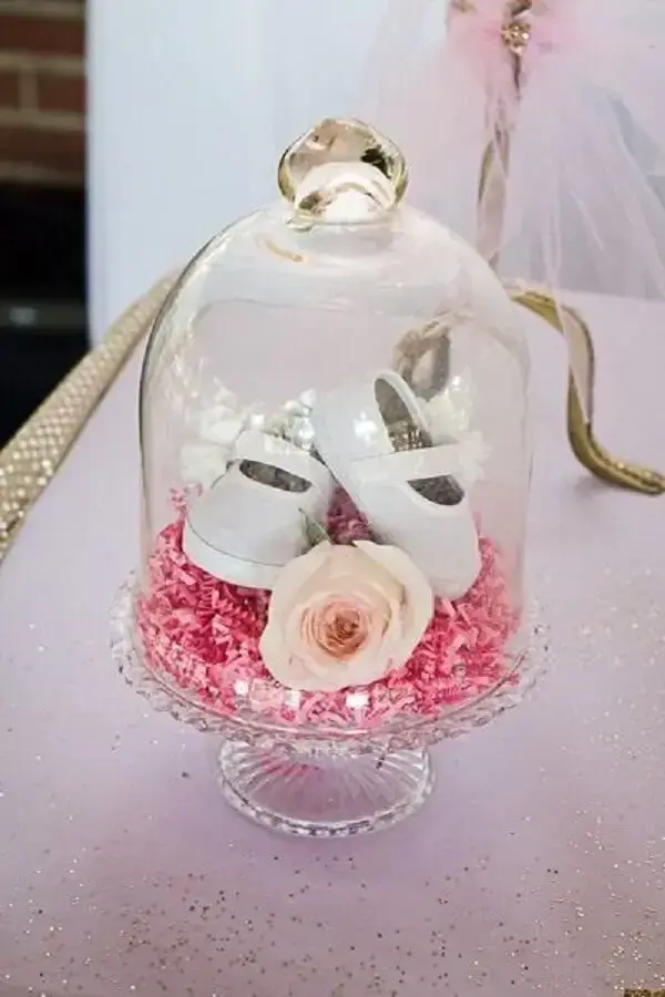 baby girl tea decorated with white shoe Photo Baby Shower Ideas
