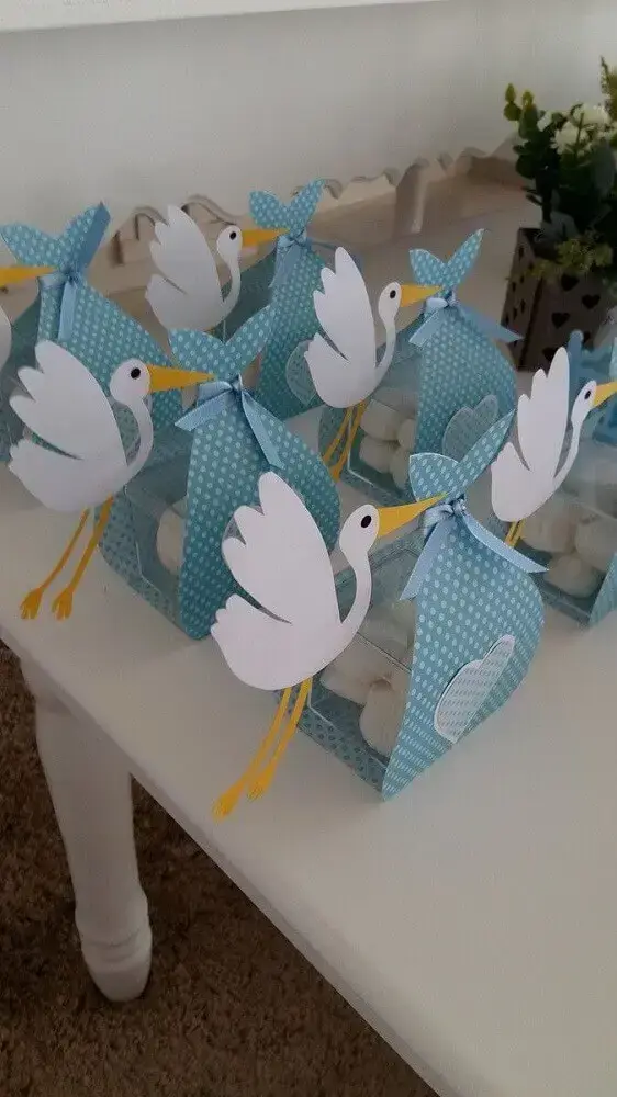 Baby tea souvenirs made with stork packaging Photo Baby Shower Ideas
