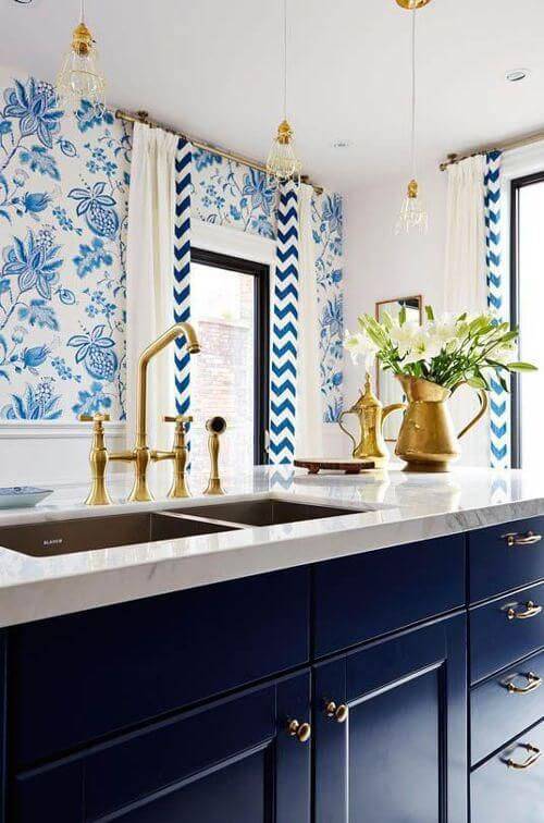 papel de parede para cozinha azul pintura