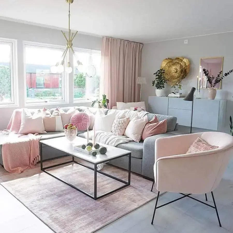 decoração tons pastéis para sala de estar com sofá de canto Foto Sabrina Ryden