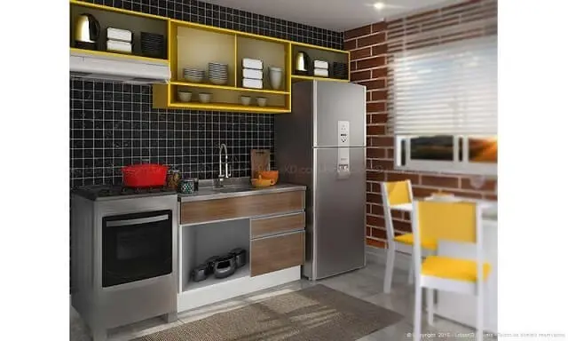 Cozinha modulada com armário aéreo amarelo Projeto de Lojas KD