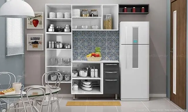 Cozinha modulada com armário branco sem portas Projeto de Lojas KD