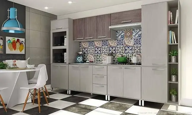 Cozinha modulada com armário cinza e de madeira Projeto de Lojas KD