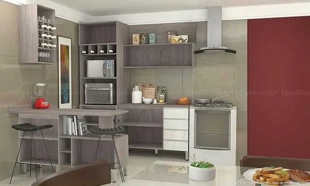 Cozinha modulada com armário sem portas e adega Projeto de Lojas KD
