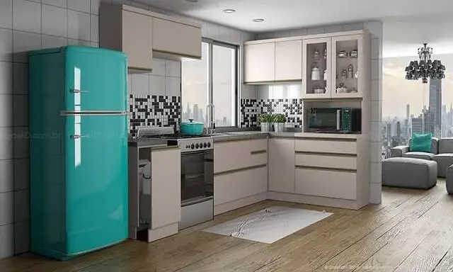 Cozinha modulada com armários bege Projeto de Lojas KD