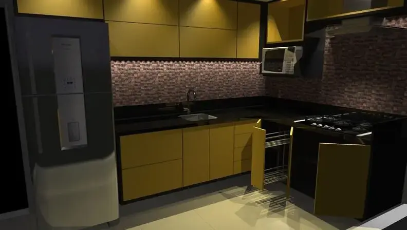 Cozinha planejada com armários amarelos Projeto de Rafael Cunha