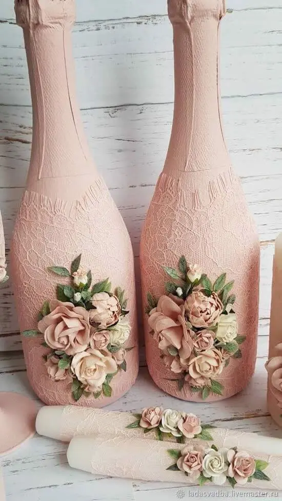 Garrafas Decoradas - garrafas de champanhe com flores 