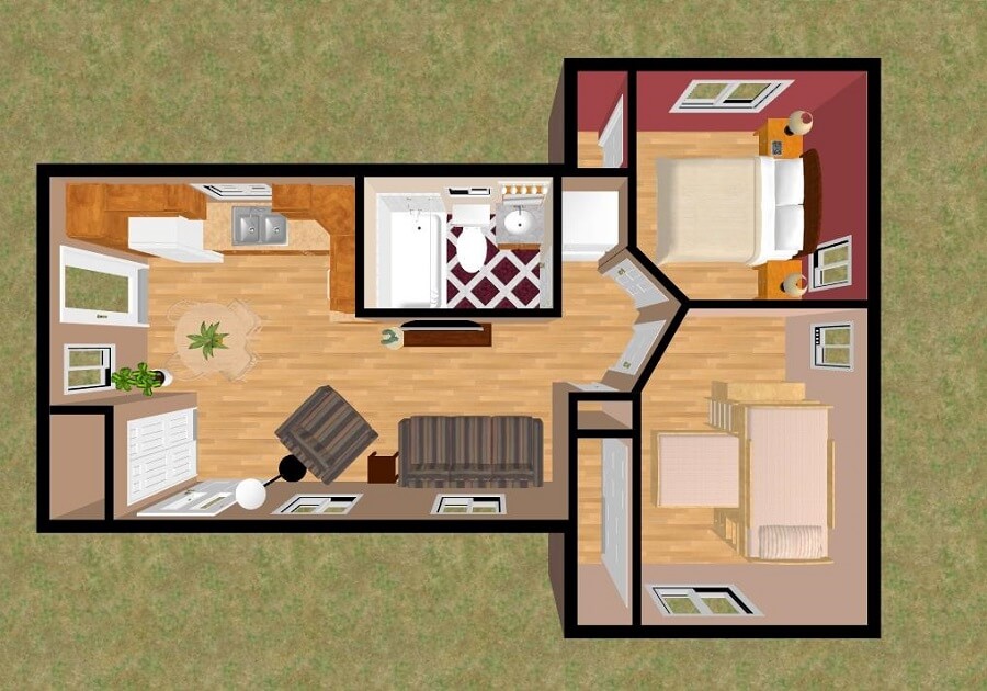 Modelo de casa pequena com dois quartos