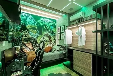 Quarto gamer com iluminação verde e tema Overwatch Projeto de Casa Cor Bahia