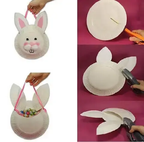 Decoração de páscoa lembrancinha de coelho feita de pratos de plástico