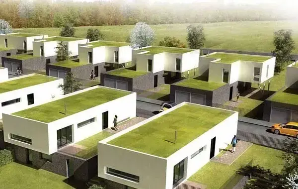 O telhado verde está presente em todas as casas desse condomínio residencial