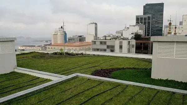 O telhado verde se estende por toda a construção