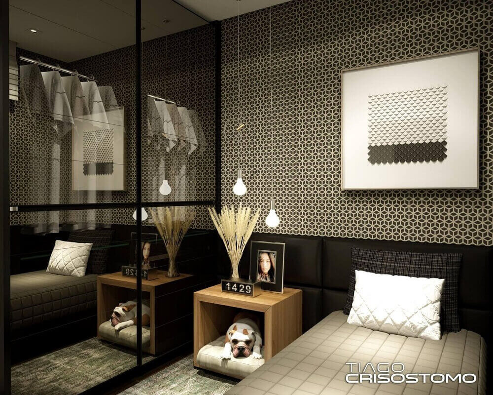 Decoração de quarto preto moderno com pendente minimalista 