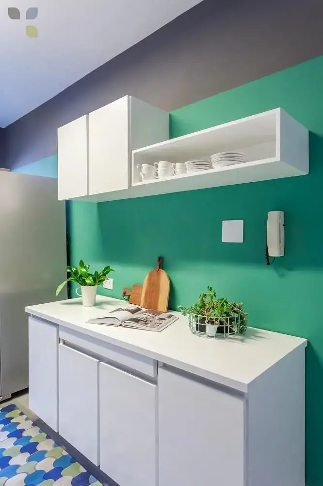 decoração de cozinha simples com parede colorida