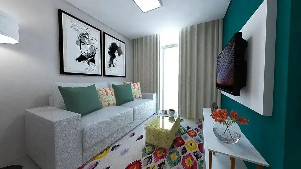 decoração de sala simples com tapete colorido