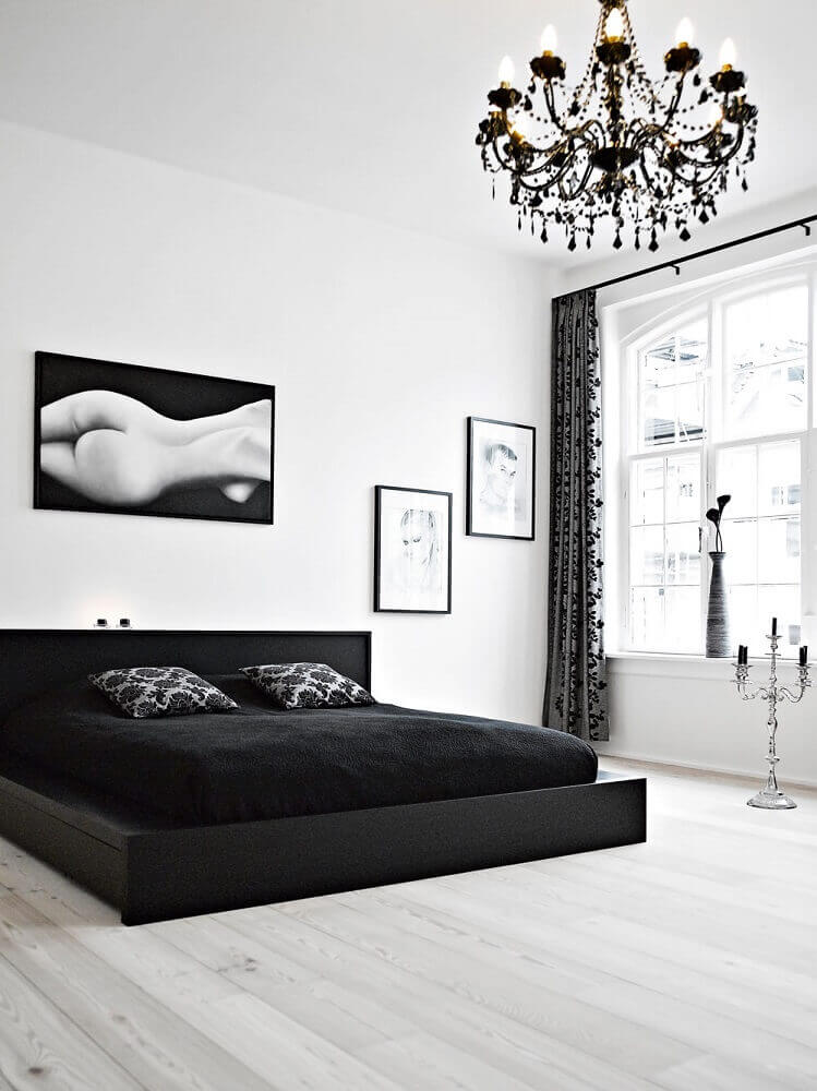 quarto preto e branco decorado