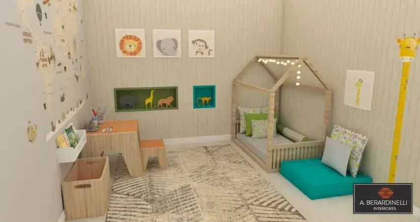 Cama montessoriana em quarto com móveis baixos para crianças Projeto de A Berardinelli Interiores
