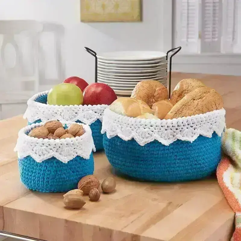 Jogo de crochê para cozinha com cesto de pão