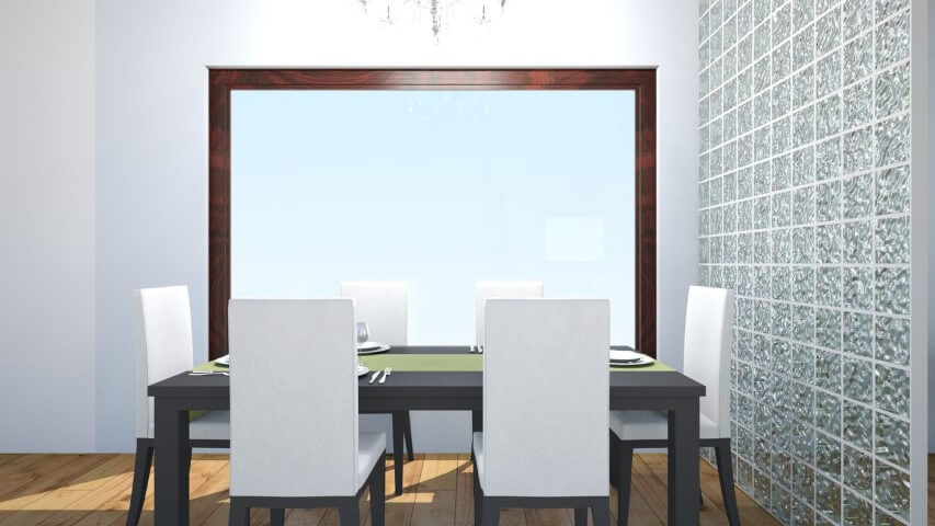 Projeto de sala de jantar com parede de tijolo de vidro